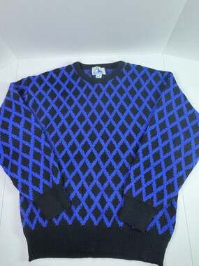 Vintage Mount Cervin 100% Wool Sweater Blue Black Diamond Argyle Mens XL